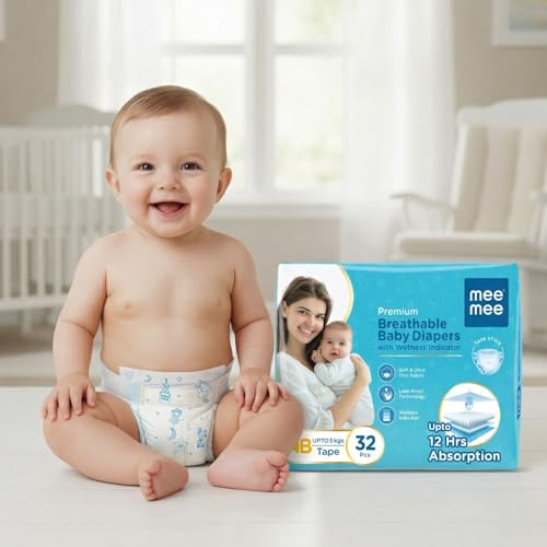 Mee Mee Premium Breathable Baby Diapers | NB Size Taped Diapers for Newborns | Cotton Soft, Skin Friendly & Super Absorbent | Wetness Indicator | 32 Pieces - Image 1