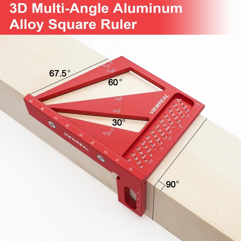 ViewReal Multi-Angle 3D Measuring Ruler: 22.5/30/45/60/67.5/90 Degree Aluminum Alloy Square Ruler Protractor  Ideal For Engineer Carpenter Crafting  Drawing - Image 4