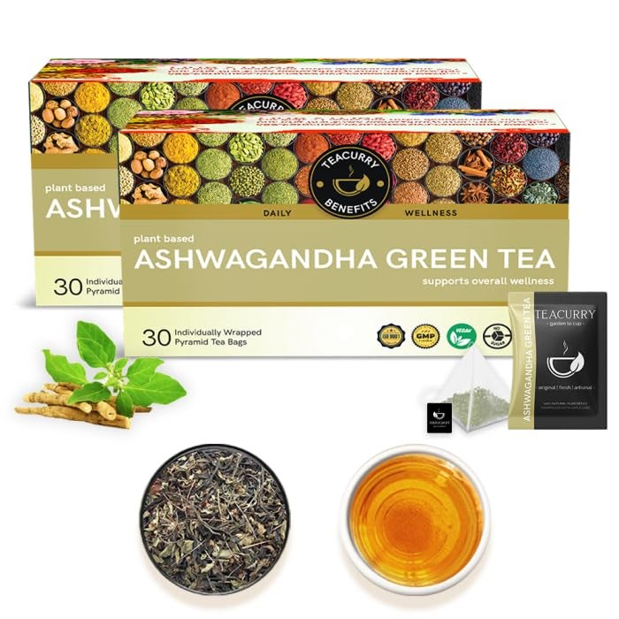 TEACURRY Ashwagandha Green Tea | 2 Months pack | 60 Pyramid Tea Bags | Ashwagandha Green Tea for Weight Loss, Sugar Control, Stress, Cholesterol | 100% Natural Herbal Tea for Sugar Control - Image 1