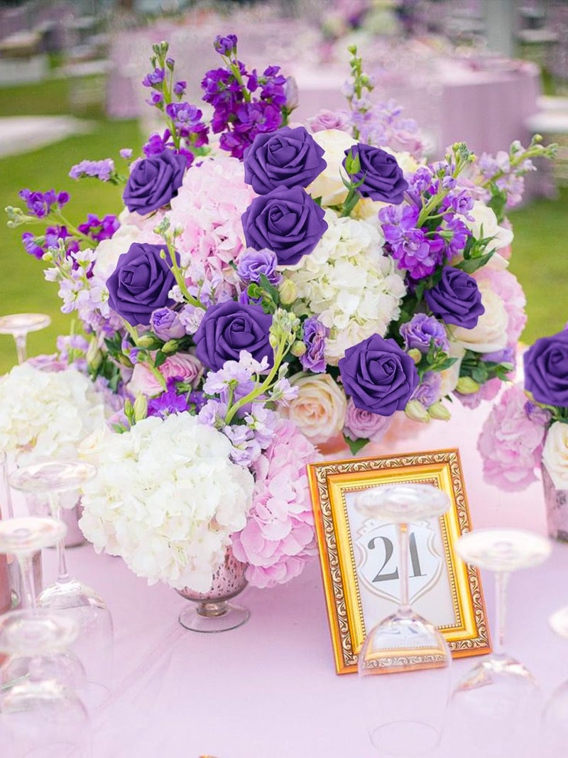 MACTING Purple Artificial Flowers 30PCS Fake Roses with Stem Real Touch Soft Foam Roses for Valentines Day Gifts DIY Wedding Bouquet Table Centerpieces Party Bridal Shower Home Spring Decorations - Image 2