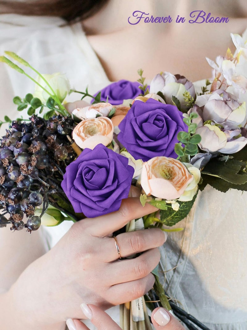 MACTING Purple Artificial Flowers 30PCS Fake Roses with Stem Real Touch Soft Foam Roses for Valentines Day Gifts DIY Wedding Bouquet Table Centerpieces Party Bridal Shower Home Spring Decorations - Image 3
