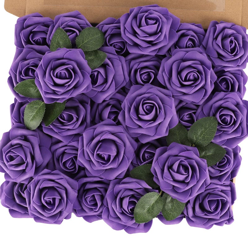 MACTING Purple Artificial Flowers 30PCS Fake Roses with Stem Real Touch Soft Foam Roses for Valentines Day Gifts DIY Wedding Bouquet Table Centerpieces Party Bridal Shower Home Spring Decorations - Image 1