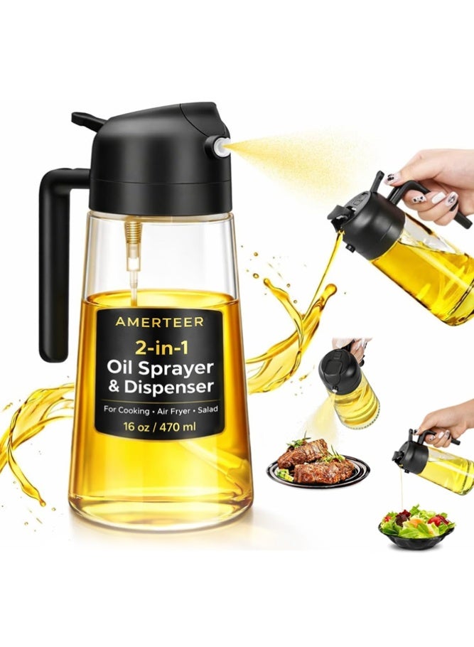 AMERTEER 2-in-1 Oil Dispenser & Sprayer Bottle – 470ml Glass Non-Drip Refillable Oil Mister for Kitchen, Grilling & More - Image 1