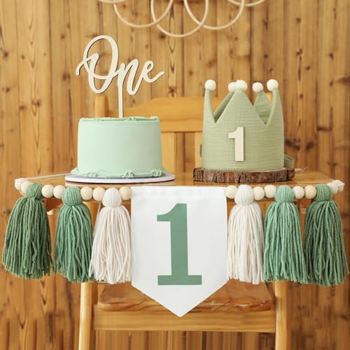 HODIHIWI Wild One High Chair Banner For 1st Birthday Party Decorations With Green Wood Bead Tassel Garland Crown Hat Wooden Cake Topper - Image 1