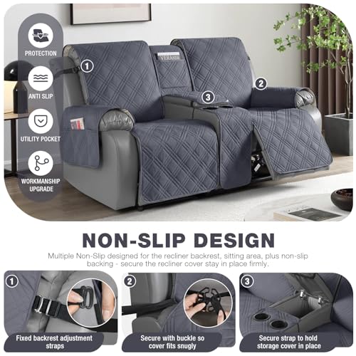 TAOCOCO Loveseat Recliner Cover with Console, Non-Slip Split Reclining Pet Cover for Dual Loveseat Recliner, Furniture Protector with Elastic Straps (2 Seater, Dark Grey) - Image 4