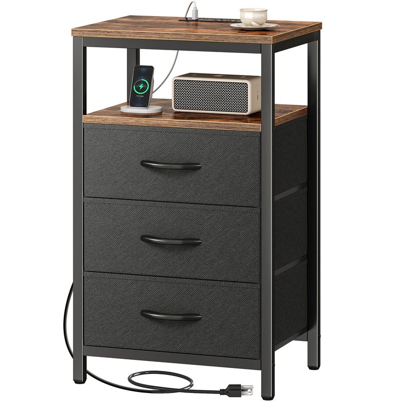 Huuger Nightstand with Charging Station 276 Inch End Table Bedside Table with USB Ports and Outlets Fabric Drawers Night Stand for Bedroom Rustic Brown and Black