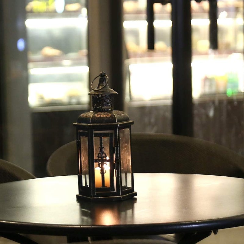 JHY DESIGN مصابيح شموع تزيينية من تصميم JHY، ارتفاعها 25 سم، بستيل عتيق، مع حامل شموع معدني، مناسب للأحداث الداخلية والخارجية، المناسب��ت الرسمية، وحفلات الزفاف (لون أسود مع طلاء ذهبي بفرشاة). - Image 3