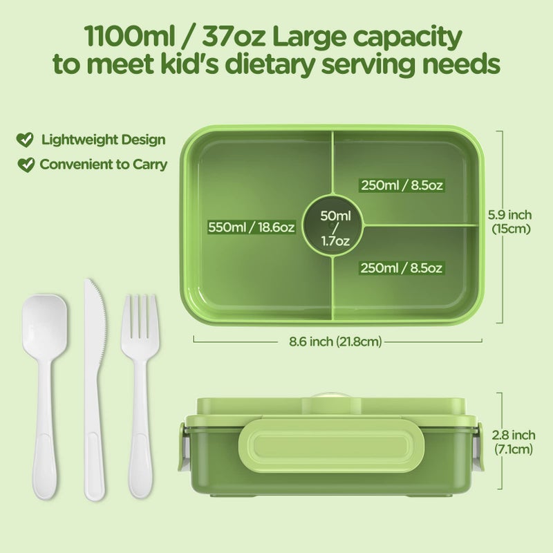 Jelife Bento Box Kids Lunch Box - Large Bento-Style Leakproof with 4 Compartments Food Storage Container with Tableware for Kids Back to School  Reusable On-the-Go Meal and Snack Packing  Green - Image 5