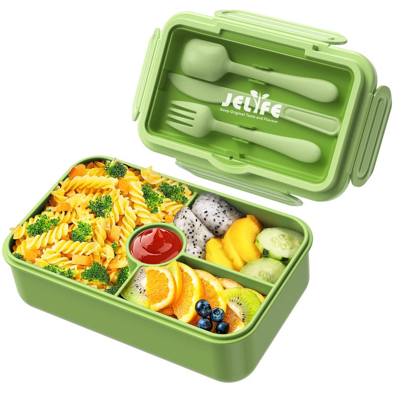 Jelife Bento Box Kids Lunch Box - Large Bento-Style Leakproof with 4 Compartments Food Storage Container with Tableware for Kids Back to School  Reusable On-the-Go Meal and Snack Packing  Green - Image 1