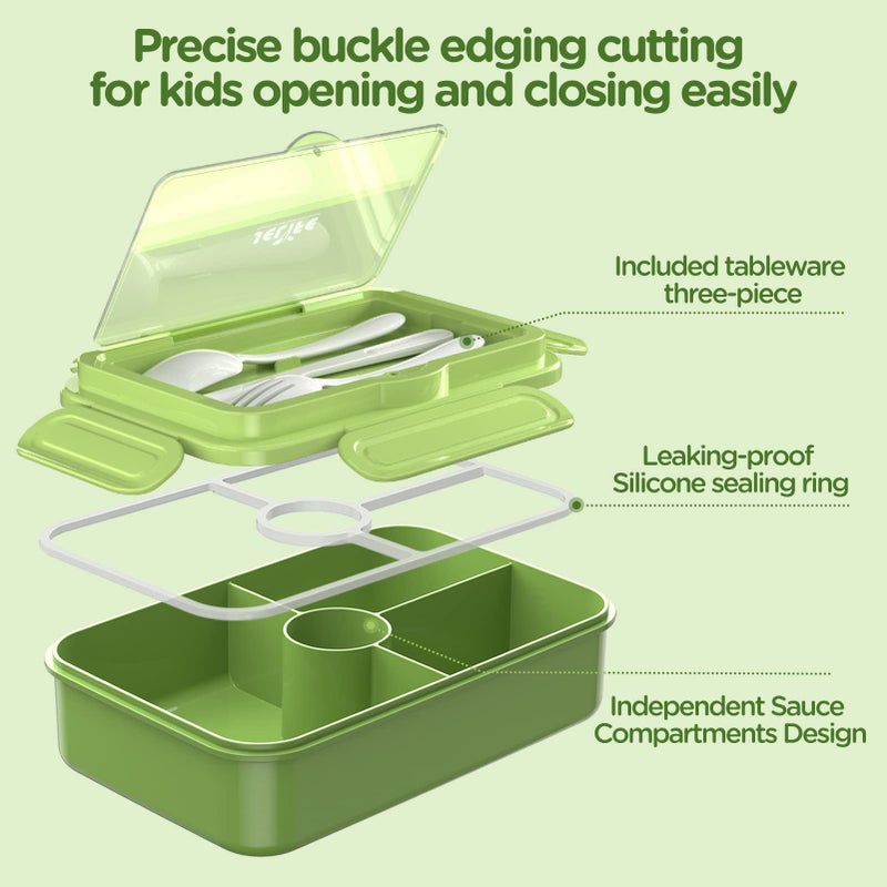 Jelife Bento Box Kids Lunch Box - Large Bento-Style Leakproof with 4 Compartments Food Storage Container with Tableware for Kids Back to School  Reusable On-the-Go Meal and Snack Packing  Green - Image 4