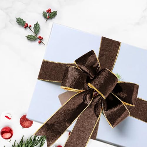 SIMISI RIBBON Brown Wide Velvet Ribbon Wired for Christmas Tree, Garland, Wreath, 2.5 Inch 5 Yards - Image 3