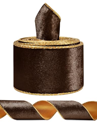 SIMISI RIBBON Brown Wide Velvet Ribbon Wired for Christmas Tree, Garland, Wreath, 2.5 Inch 5 Yards - Image 4