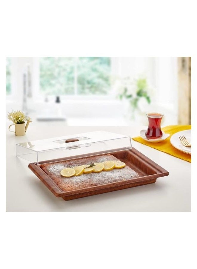 إيفيلين طبق تورتة مستطيل بلاستيك بتصميم خشبي مع غطاء أكريليك شفاف غير قابل للكسر لتقديم الكيك والحلويات – صينية تقديم ميلامين مقاومة للحرارة للخدمة والضيافة والحفلات وأعياد الميلاد – طبق تقديم كيك وتورتة بغطاء للحماية والعرض الفاخر – صينية تقديم مستطيلة للمناسبات والضيافة وتقديم الحلو والفطار - Image 3