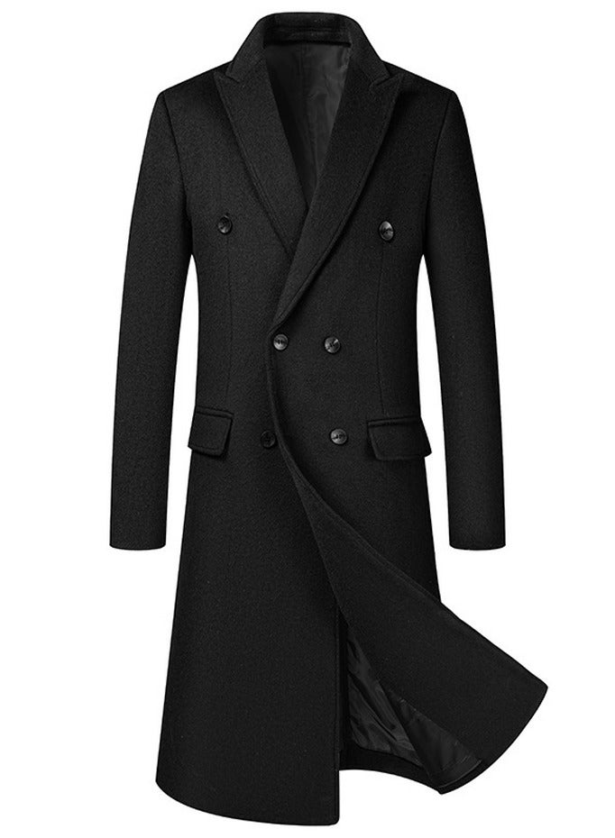 Loquat Men's Wool Blend Full Length Trench Coat Long Wool Overcoat Winter Windbreaker Black  - Image 1