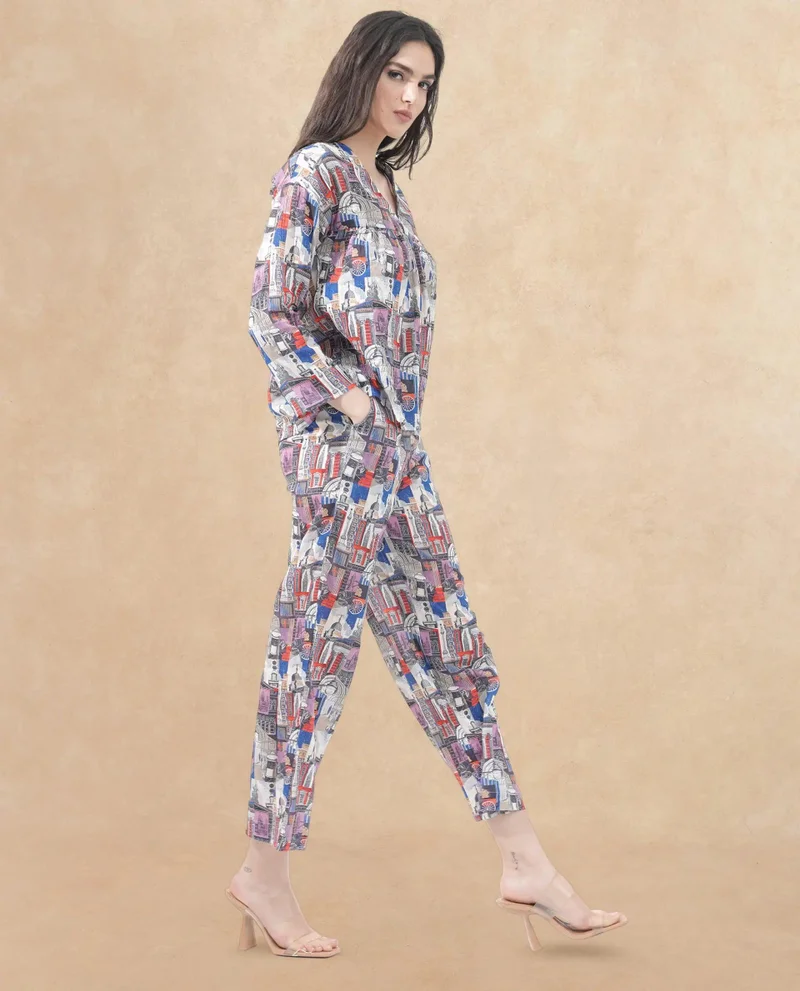 Rareism Women's Printed Cotton Trouser Coordination