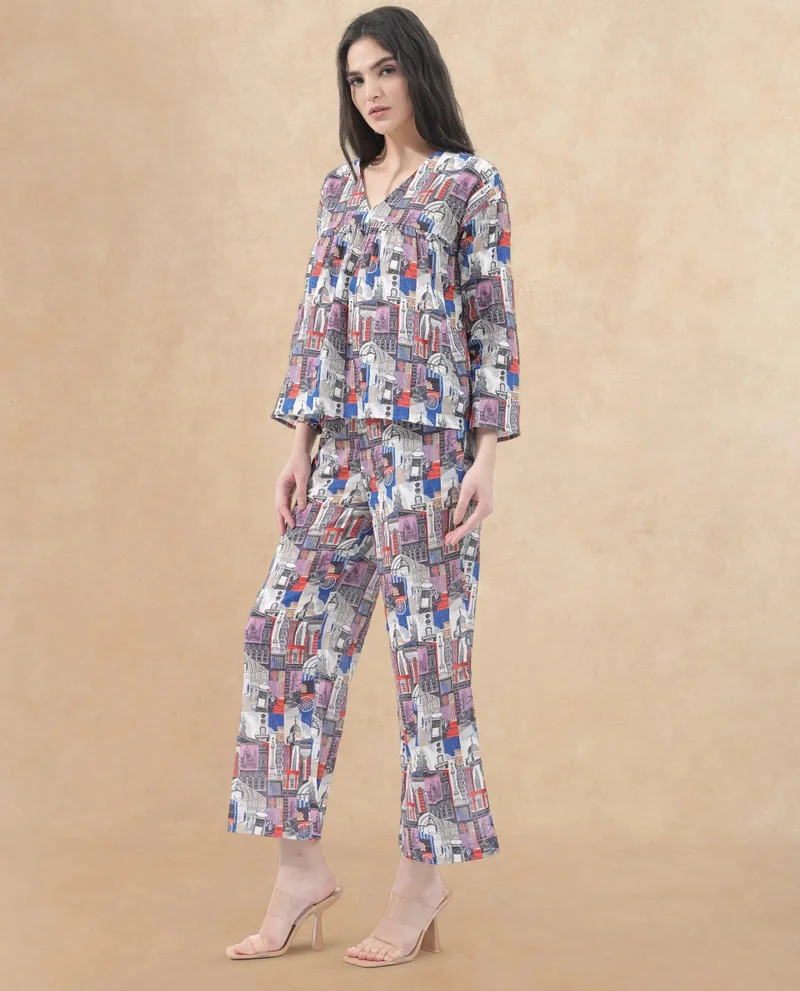 Rareism Women's Printed Cotton Trouser Coordination