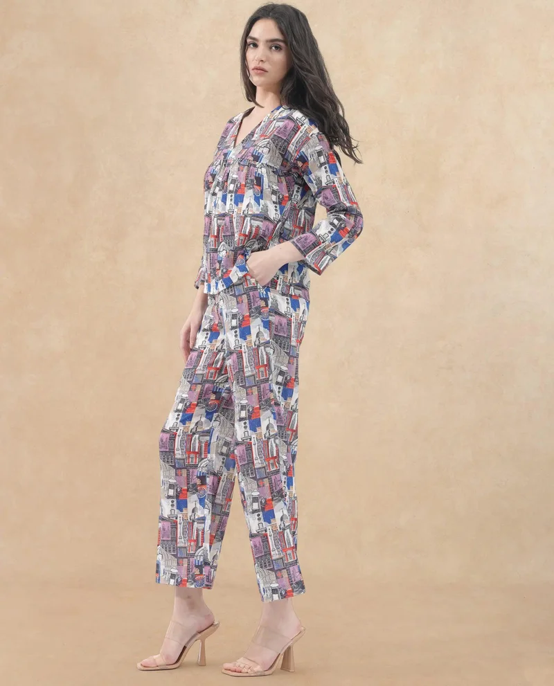 Rareism Women's Printed Cotton Trouser Coordination