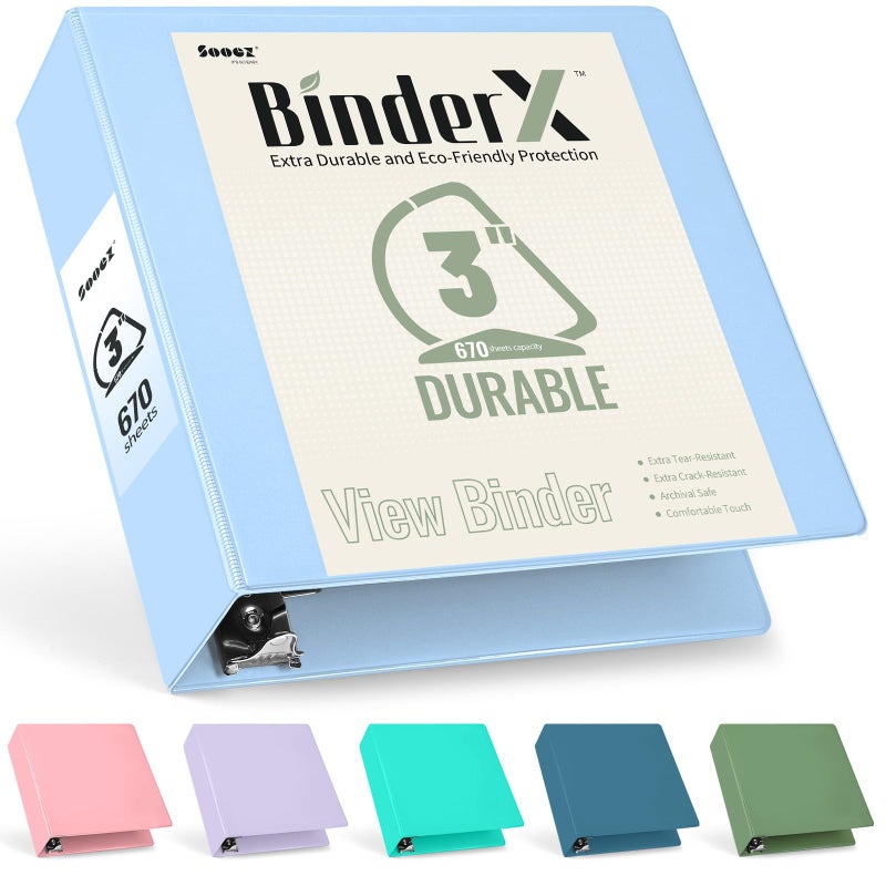 Sooez BinderX Extra Durable 3 Inch 3 Ring Binder, D-Ring Large Binders, Holds 670 Sheets of 8.5x11 Paper, Customizable View Cover with Inside Pockets, Heavy Duty 3 Ring Binder for School, Light Blue - Image 1