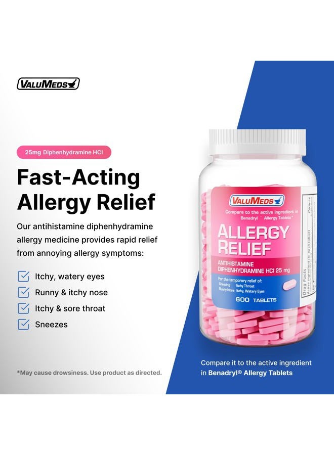 ValuMeds Allergy Medicine Antihistamine, Diphenhydramine HCl 25 mg | Children and Adults | Relieve Itchy Eyes, Runny Nose, Sneezing (25 mg, 600) - Image 2