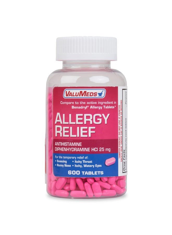 ValuMeds Allergy Medicine Antihistamine, Diphenhydramine HCl 25 mg | Children and Adults | Relieve Itchy Eyes, Runny Nose, Sneezing (25 mg, 600) - Image 1
