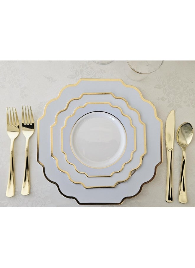 OCCASIONS FINEST PLASTIC TABLEWARE " OCCASIONS " 50 Plates Pack (25 Guests)-Heavyweight Wedding Party Disposable Plastic Plate Set -(25x10.5'' Dinner + 25x8'' Salad/dessert (Imperial in White/Blue & Gold)  - Image 2