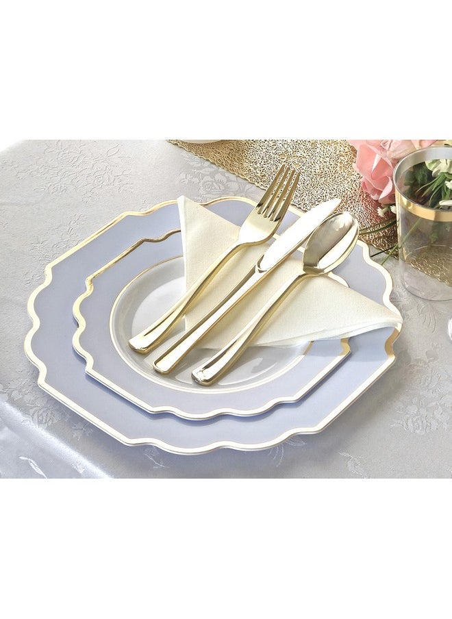 OCCASIONS FINEST PLASTIC TABLEWARE " OCCASIONS " 50 Plates Pack (25 Guests)-Heavyweight Wedding Party Disposable Plastic Plate Set -(25x10.5'' Dinner + 25x8'' Salad/dessert (Imperial in White/Blue & Gold)  - Image 4