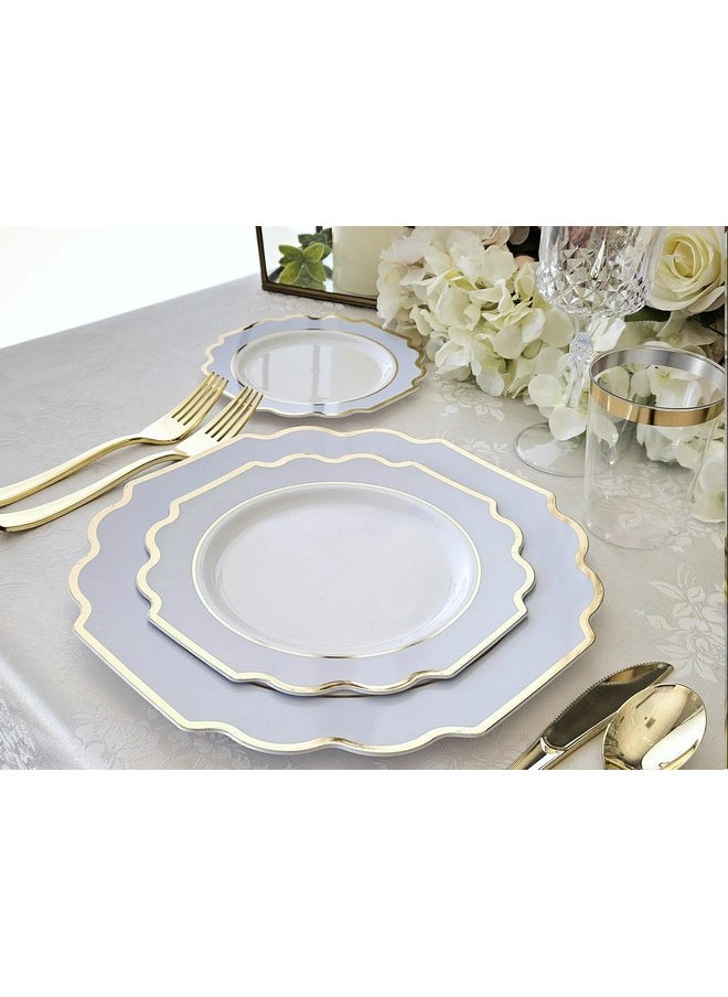 OCCASIONS FINEST PLASTIC TABLEWARE " OCCASIONS " 50 Plates Pack (25 Guests)-Heavyweight Wedding Party Disposable Plastic Plate Set -(25x10.5'' Dinner + 25x8'' Salad/dessert (Imperial in White/Blue & Gold)  - Image 3