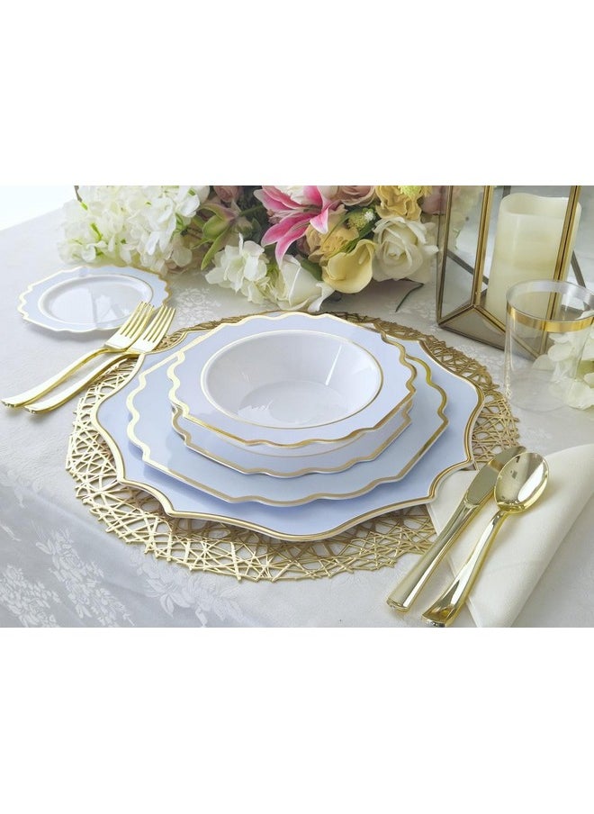OCCASIONS FINEST PLASTIC TABLEWARE " OCCASIONS " 50 Plates Pack (25 Guests)-Heavyweight Wedding Party Disposable Plastic Plate Set -(25x10.5'' Dinner + 25x8'' Salad/dessert (Imperial in White/Blue & Gold)  - Image 5