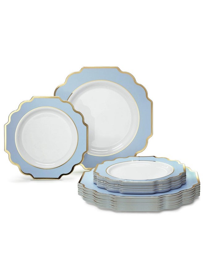 OCCASIONS FINEST PLASTIC TABLEWARE " OCCASIONS " 50 Plates Pack (25 Guests)-Heavyweight Wedding Party Disposable Plastic Plate Set -(25x10.5'' Dinner + 25x8'' Salad/dessert (Imperial in White/Blue & Gold)  - Image 1