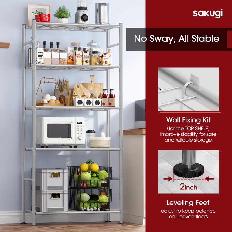 Sakugi Storage Shelves - 5 Tier Shelf Organizer, Heavy Duty Garage Shelving Unit with Leveling Feet, Stable Metal Shelves Organizer for Pantry, Kitchen and Closet, 33.0" W x 12.6" D x 72.0" H, Silver - Image 5