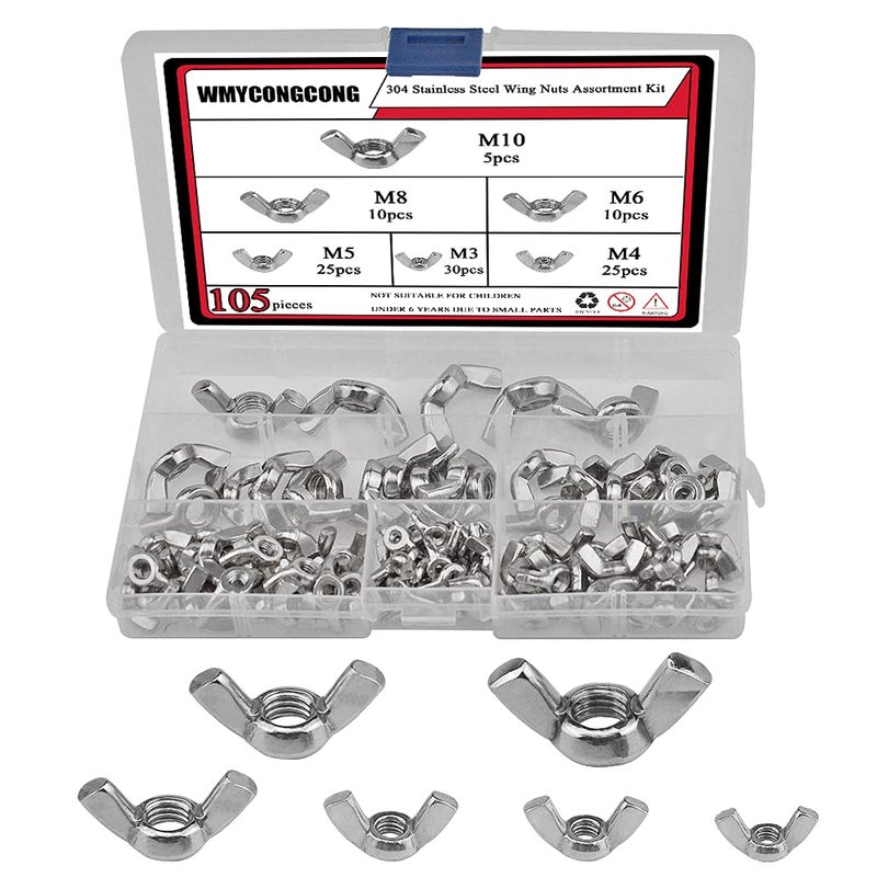 WMYCONGCONG WMYCONGCONG 105 PCS Wingnut Butterfly Nuts Wing Nuts Assortment Kit M3 M4 M5 M6 M8 M10, 304 Stainless Steel - Image 1