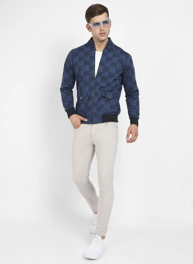 Campus Sutra Men's Blue Textured Jacket With Flap Pocket