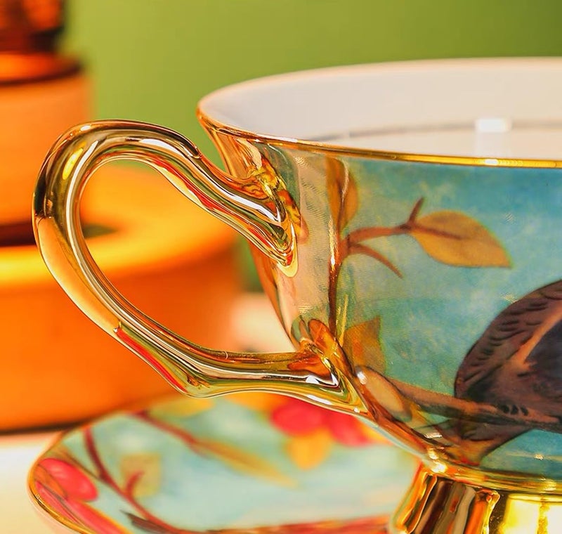 Eplze YBK Tech Euro Style Cup& Saucer Set Art Bone China Ceramic Tea Coffee Cup for Breakfast Home Kitchen- Birds and Trees Patterns (Blue) - Image 4