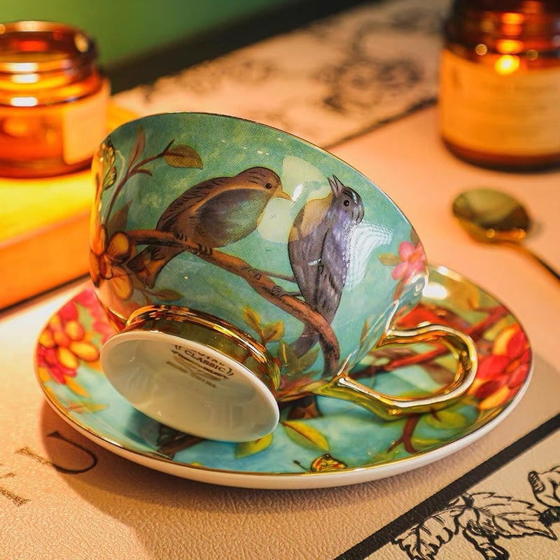 Eplze YBK Tech Euro Style Cup& Saucer Set Art Bone China Ceramic Tea Coffee Cup for Breakfast Home Kitchen- Birds and Trees Patterns (Blue) - Image 5