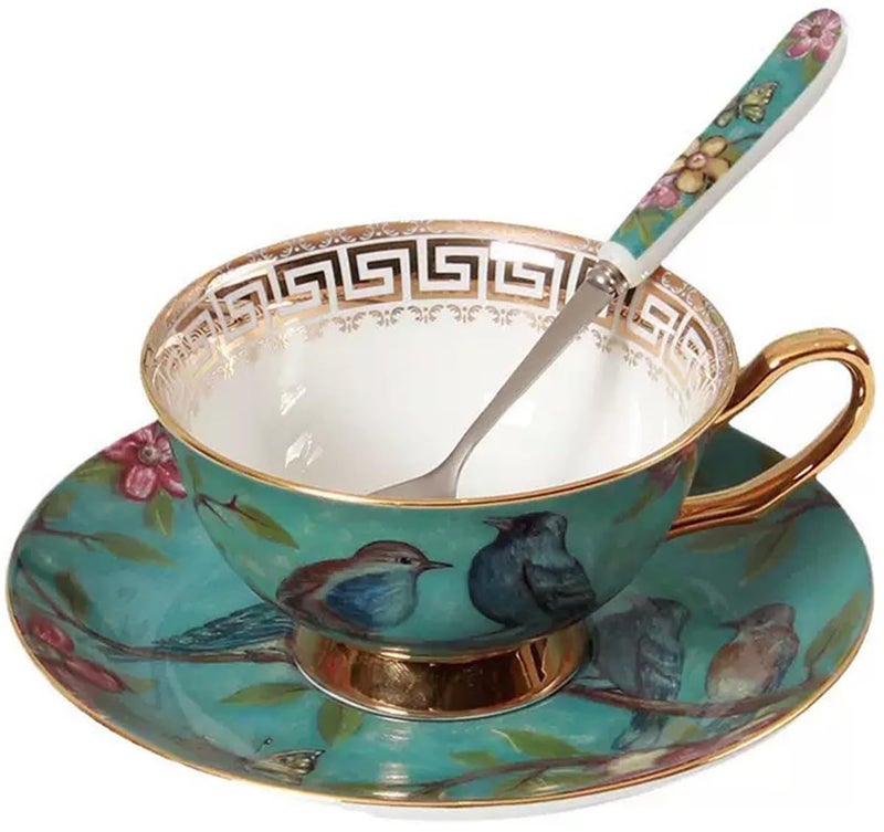 Eplze YBK Tech Euro Style Cup& Saucer Set Art Bone China Ceramic Tea Coffee Cup for Breakfast Home Kitchen- Birds and Trees Patterns (Blue) - Image 1