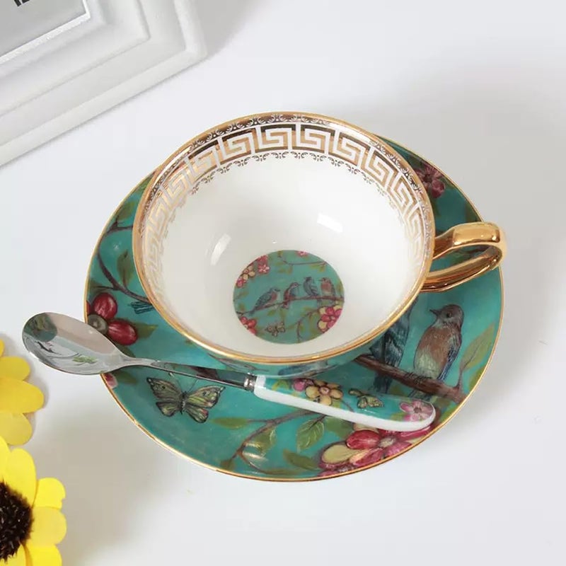 Eplze YBK Tech Euro Style Cup& Saucer Set Art Bone China Ceramic Tea Coffee Cup for Breakfast Home Kitchen- Birds and Trees Patterns (Blue) - Image 3