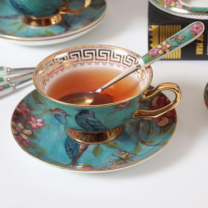 Eplze YBK Tech Euro Style Cup& Saucer Set Art Bone China Ceramic Tea Coffee Cup for Breakfast Home Kitchen- Birds and Trees Patterns (Blue) - Image 2