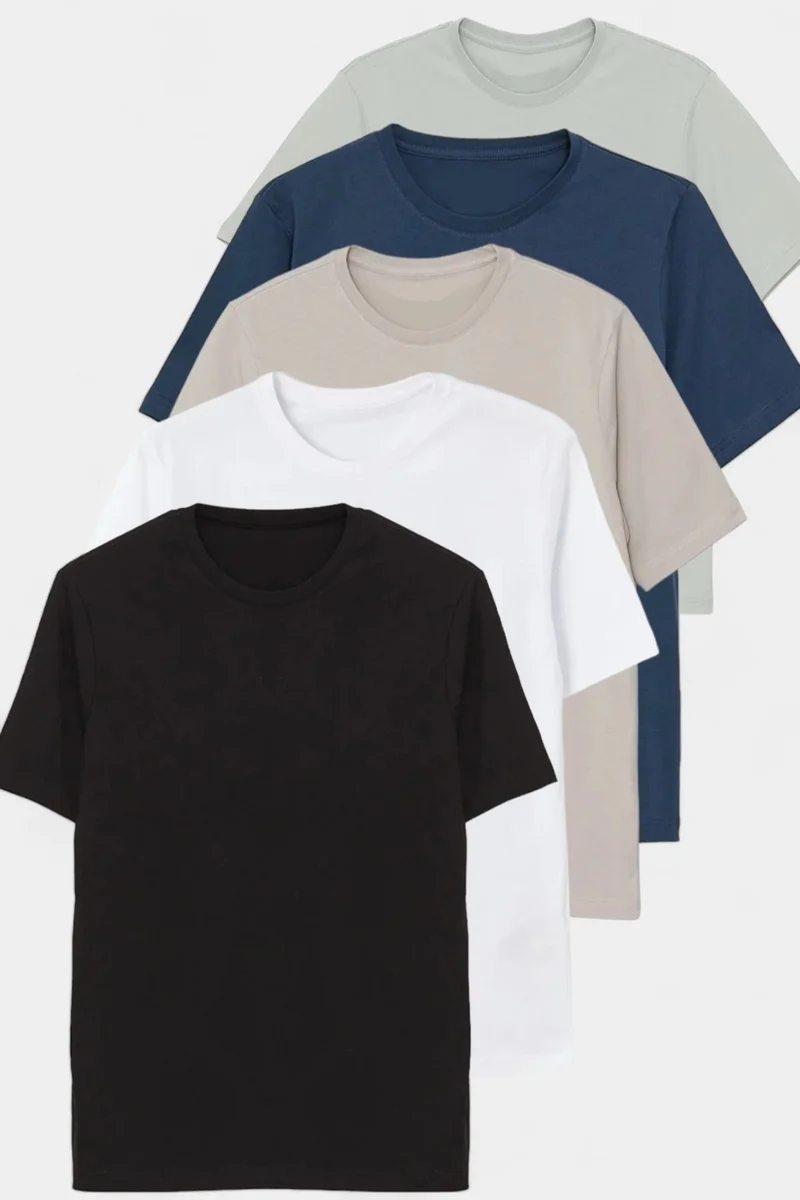 Sardem Black-White-Beige-Indigo-Water Green Slim Basic 5 Pack Basic 95% Cotton 5% Lycra T-Shirt