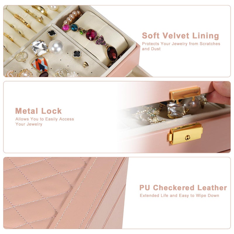 Unimoly 2-Layer Jewelry Box for women, jewelry organizers and storage with Removable Jewelry Tray, vintage quilted top Lockable Jewelry Holder Gift Idea Pink - Image 3