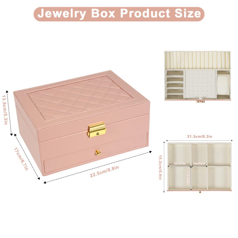 Unimoly 2-Layer Jewelry Box for women, jewelry organizers and storage with Removable Jewelry Tray, vintage quilted top Lockable Jewelry Holder Gift Idea Pink - Image 4
