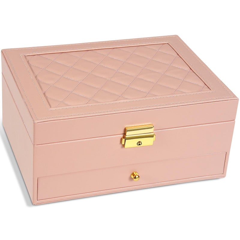 Unimoly 2-Layer Jewelry Box for women, jewelry organizers and storage with Removable Jewelry Tray, vintage quilted top Lockable Jewelry Holder Gift Idea Pink - Image 1