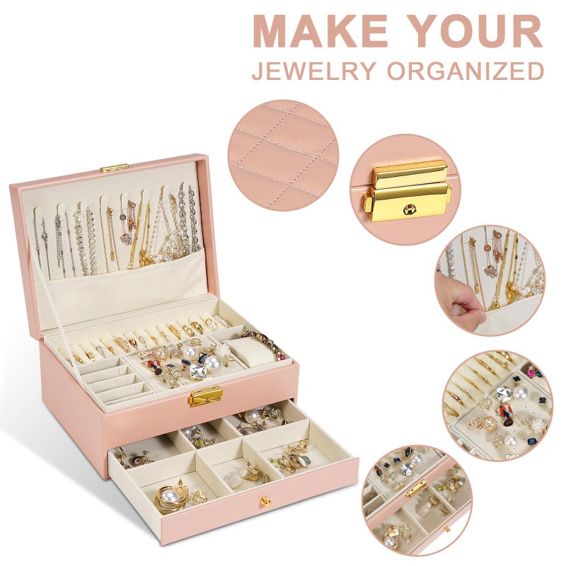 Unimoly 2-Layer Jewelry Box for women, jewelry organizers and storage with Removable Jewelry Tray, vintage quilted top Lockable Jewelry Holder Gift Idea Pink - Image 2