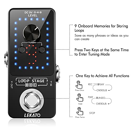 LEKATO Looper Guitar Pedal Guitar Loop Pedal Tuner Pedal 9 Loops 40 Minutes Record Time Unlimited Overdubs for Electric Guitar Bass (Black) - Image 3