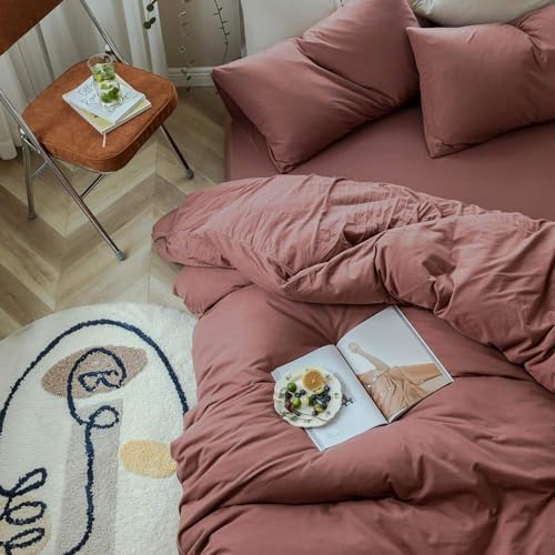 AMWAN Brick Red Duvet Cover King Knitted Cotton Solid Color Bedding Set Simple Style Jersey Knit Cotton Comforter Cover Solid Brick Red Bedding Collection 1 Duvet Cover with 2 Pillowcases King - Image 3