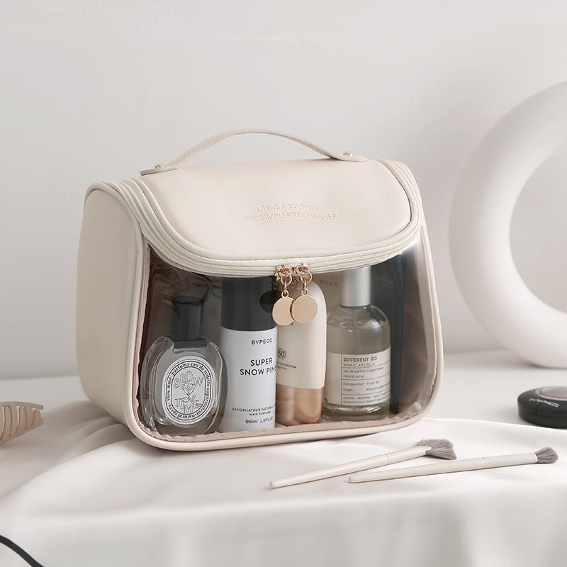 PVC Transparent Cosmetic Bag with Handle, Travel Toiletry Organizer, Large Capacity & Hanging - Image 1