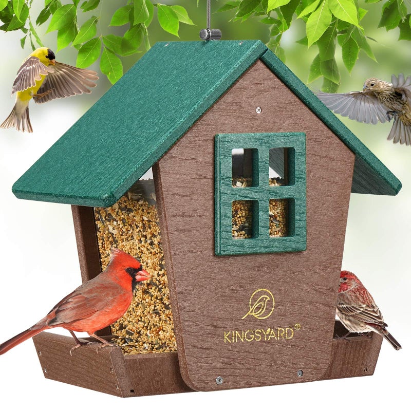 Kingsyard 4 lbs Large Bird Feeder House for Outdoors Hanging, Recycled Plastic Bird Feeder Hopper with Weatherproof Roof & Capacity Tray for Cardinal Bluebird, Garden Yard Outside Decor, Green - Image 1