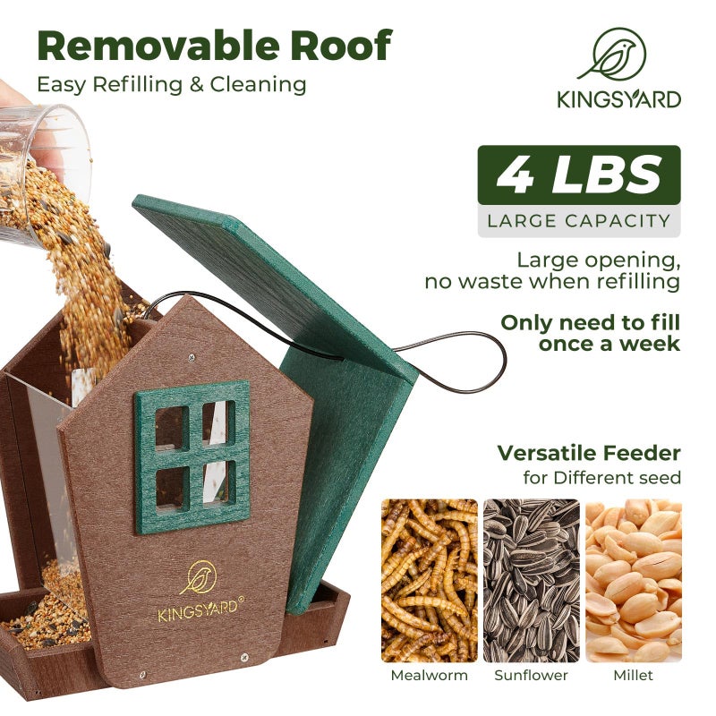 Kingsyard 4 lbs Large Bird Feeder House for Outdoors Hanging, Recycled Plastic Bird Feeder Hopper with Weatherproof Roof & Capacity Tray for Cardinal Bluebird, Garden Yard Outside Decor, Green - Image 3