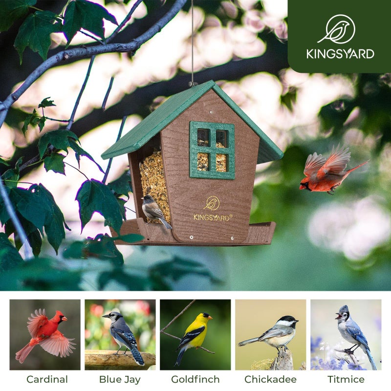 Kingsyard 4 lbs Large Bird Feeder House for Outdoors Hanging, Recycled Plastic Bird Feeder Hopper with Weatherproof Roof & Capacity Tray for Cardinal Bluebird, Garden Yard Outside Decor, Green - Image 2