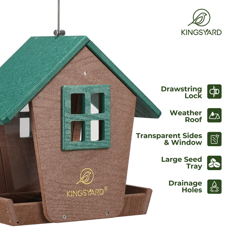 Kingsyard 4 lbs Large Bird Feeder House for Outdoors Hanging, Recycled Plastic Bird Feeder Hopper with Weatherproof Roof & Capacity Tray for Cardinal Bluebird, Garden Yard Outside Decor, Green - Image 4