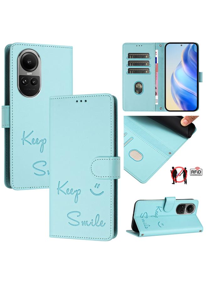For OPPO Reno10 / Reno10 Pro Global Smile Embossing RFID Leather Phone Case(Mint Green)